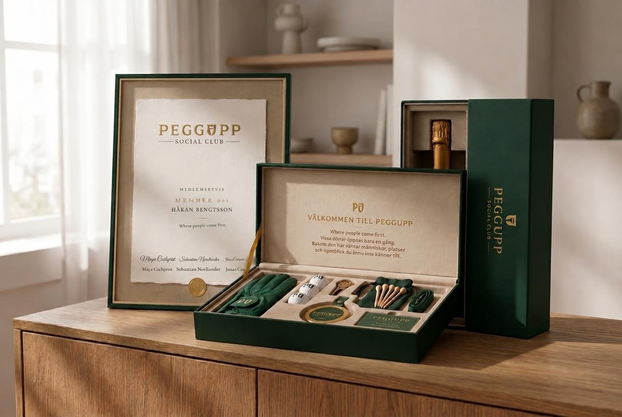 PEGGUPP medlemsbevis, öppen medlemsask och champagnebox