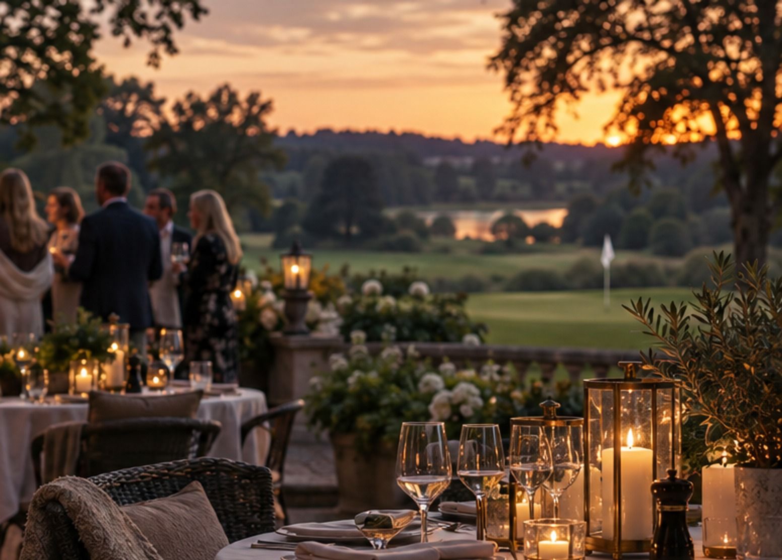 Kvällsmingel med champagne på terrass ovanför golfbanan i solnedgången