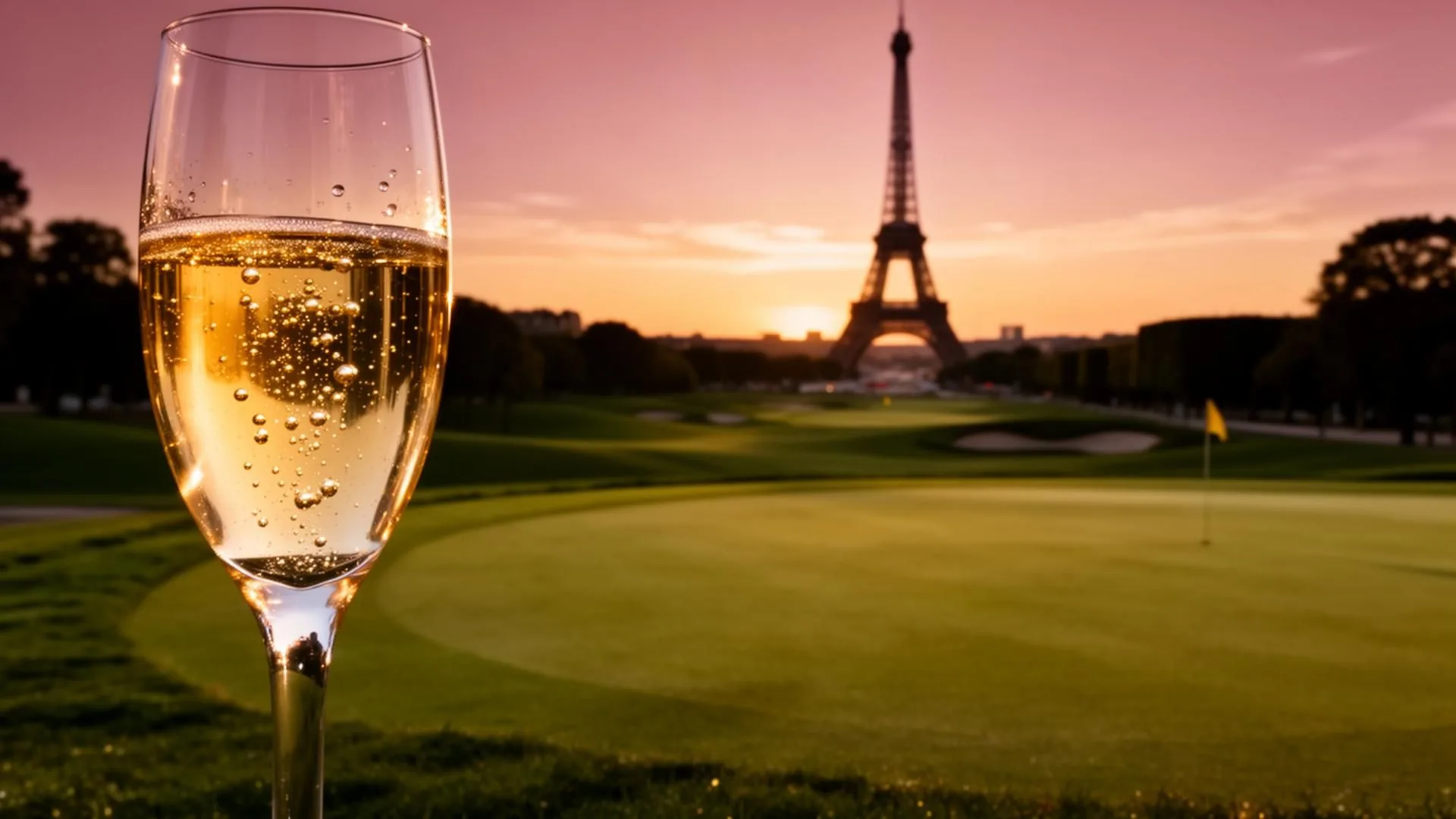 Champagneglas mot Eiffeltornet under resan till Frankrike
