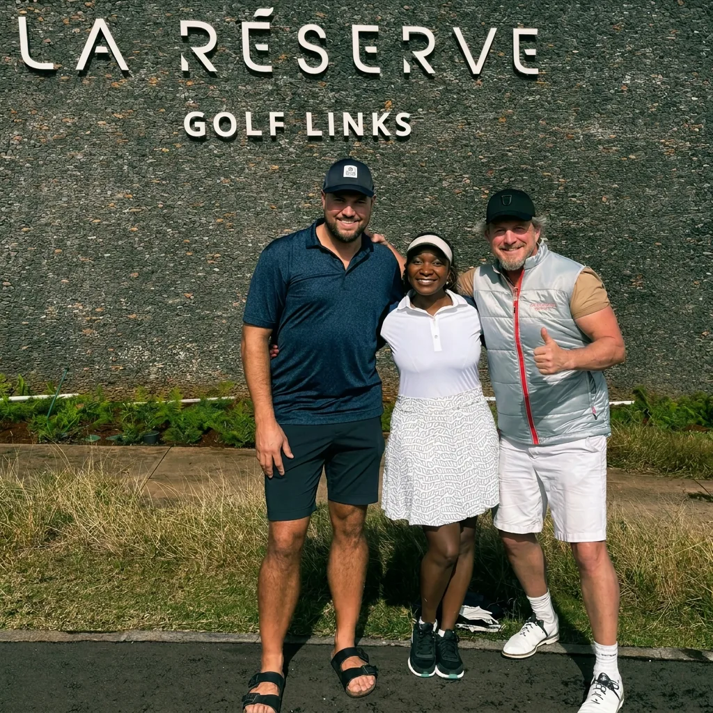 Jonas, Maya och Sebastian framför La Réserve Golf Links